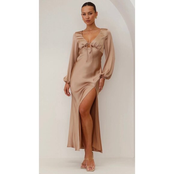 NWT Billy J Brigitte Satin Tie Front Maxi Dress With Slit Party Wedding New 20 - Picture 1 of 11